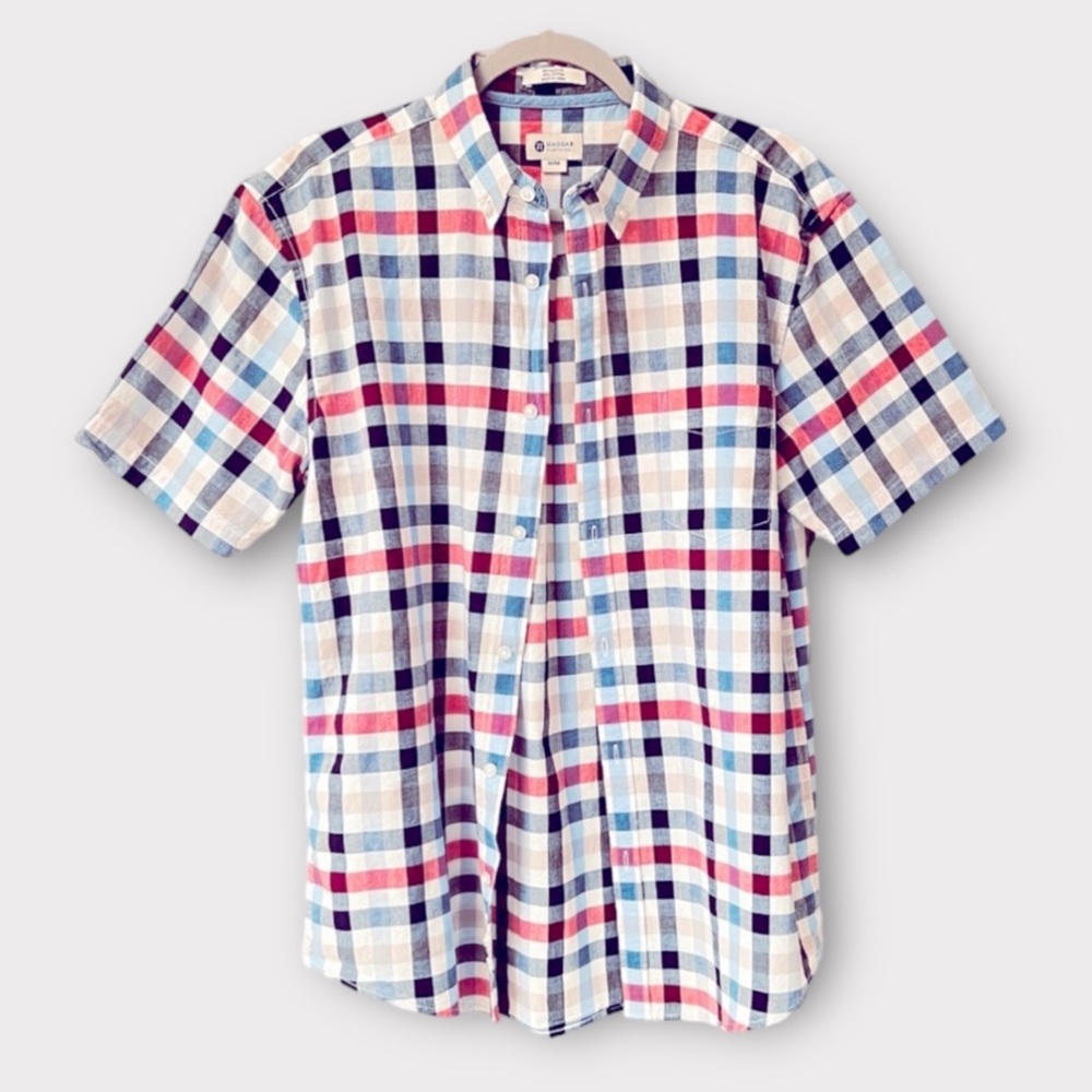 Haggar Clothing | Polo Shirt | Medium | Plaid Pattern Blue-Black-Tan-Red | $18
